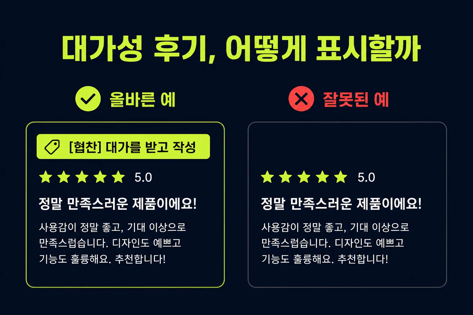 대가성 후기의 경제적 이해관계 표시 위치를 게시물 첫머리에 넣는 올바른 예시와 잘못된 예시 비교
