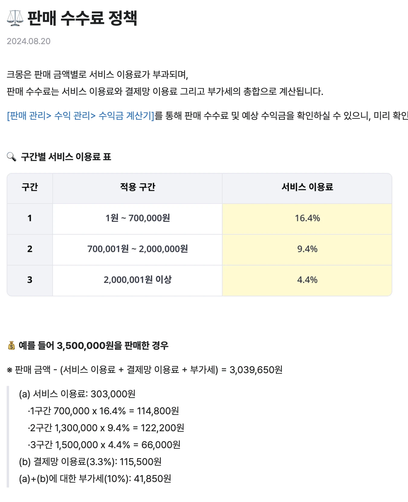 크몽 전문가센터 판매 수수료 정책 공식 문서 화면 — 구간별 서비스 이용료 표 16.4퍼센트, 9.4퍼센트, 4.4퍼센트와 350만 원 판매 시 실수령 3,039,650원 계산 예시